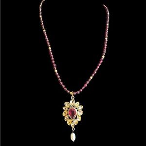 Gold Filled Bezel Set Garnet & Pearl Pendant Estate Necklace